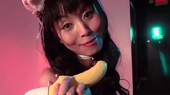 Cosplay Japanese cam slut gets a gift box of sex toys to use